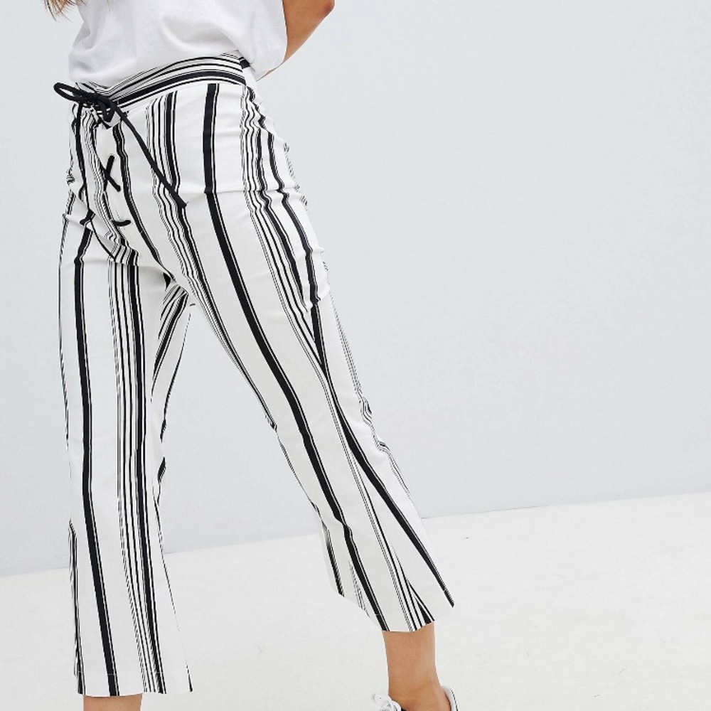 ASOS Stripe Flare Ankle Cropped Pants Lace Up White Black Bootcut Pull On